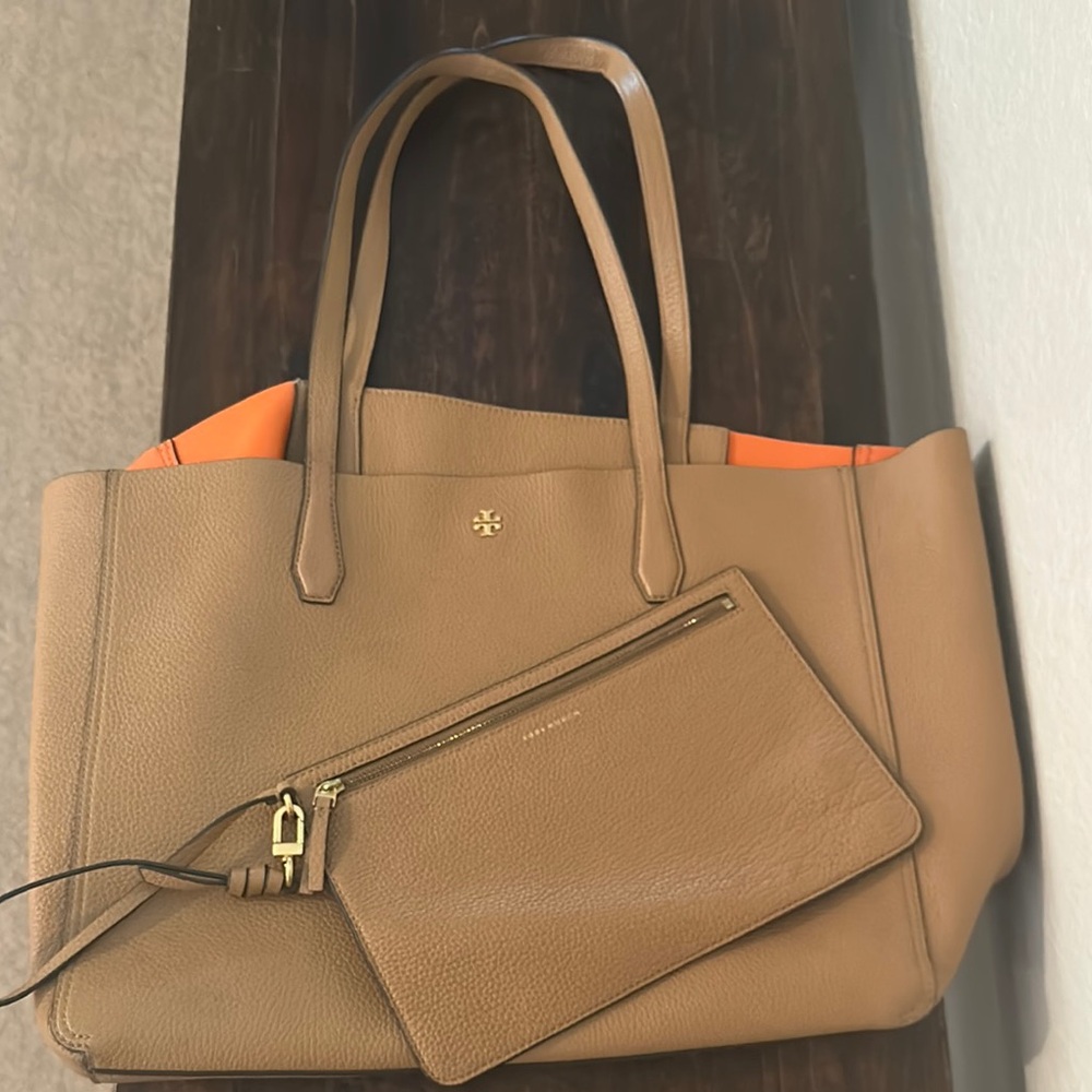 Tory Burch Tan and Orange Leather Tote Bag